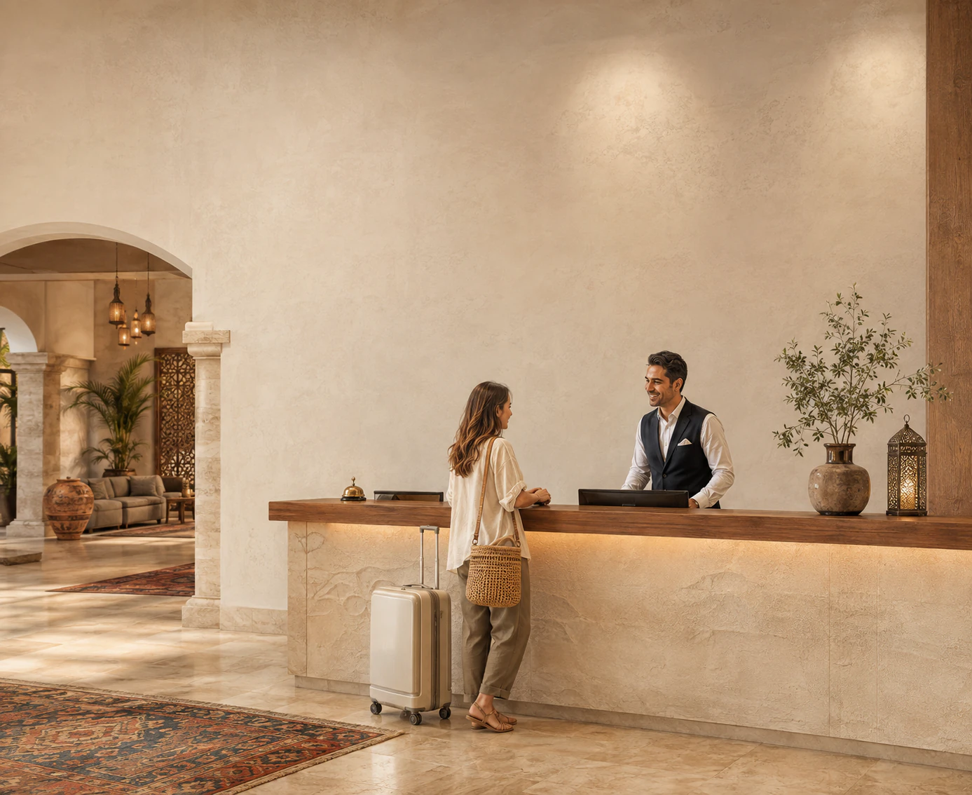 A guest talking to the receptionist at a hotel desk